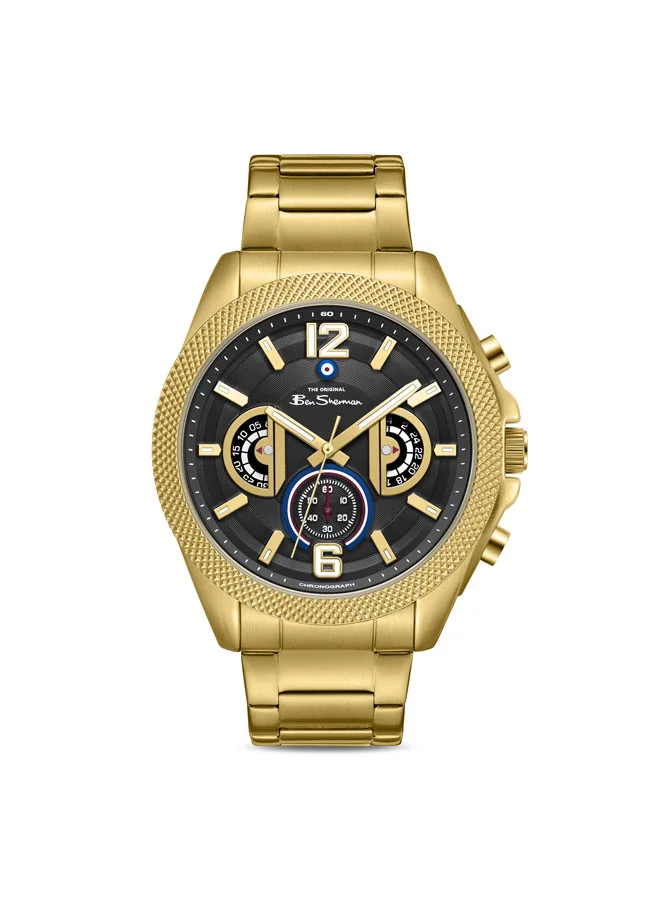 Ben Sherman Sheffield Black Dial Gold Stainless Steel Bracelet Chronograph Watch for Men, 44mm