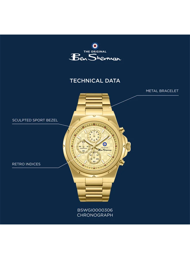 Ben Sherman gold Sheffield Black Dial Gold Stainless Steel Bracelet Chronograph Watch for Men, 44mm for Men | Best Price UAE