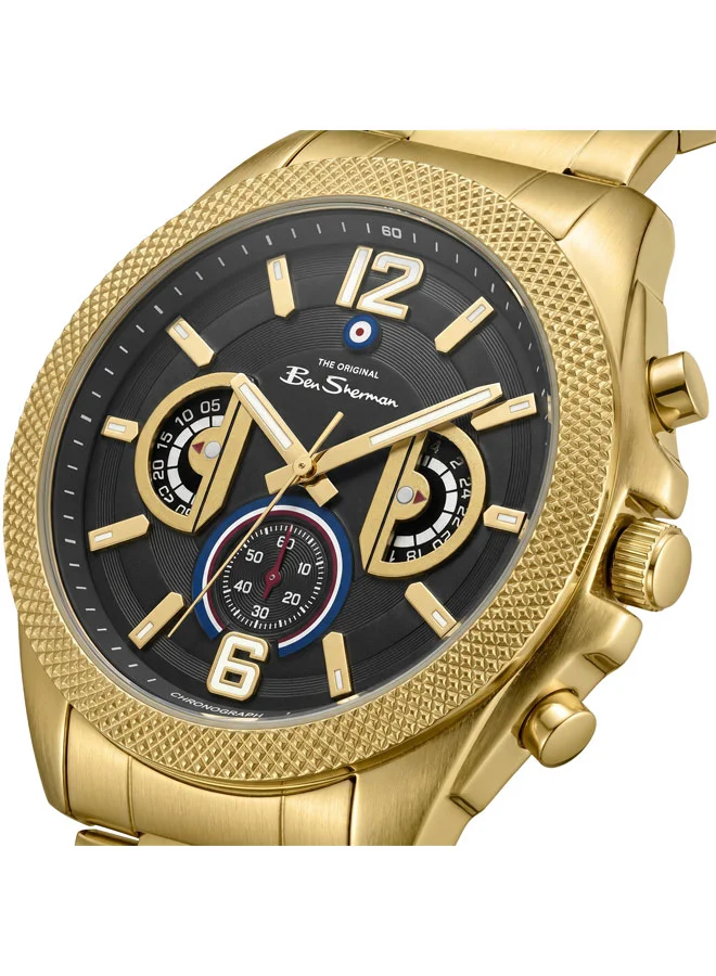 Ben Sherman Sheffield Black Dial Gold Stainless Steel Bracelet Chronograph Watch for Men, 44mm