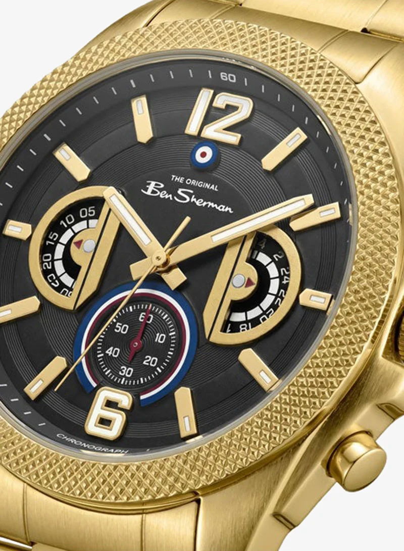 Ben Sherman Sheffield Black Dial Gold Stainless Steel Bracelet Chronograph Watch for Men, 44mm
