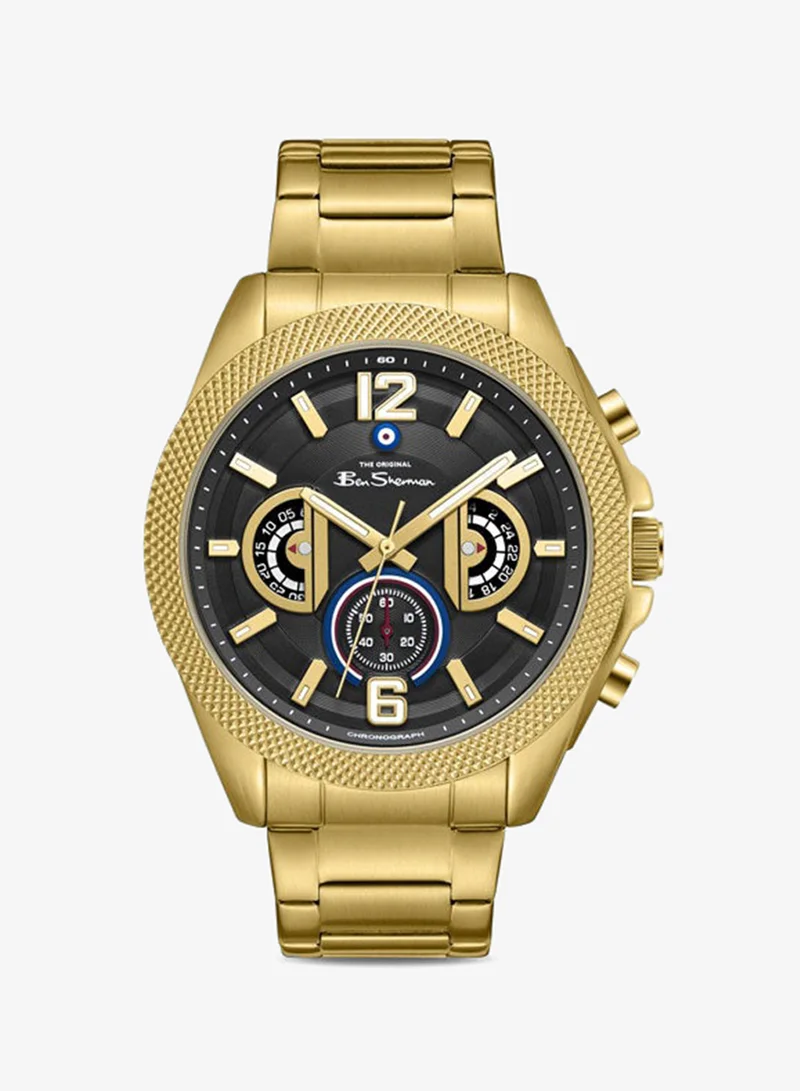 Ben Sherman Sheffield Black Dial Gold Stainless Steel Bracelet Chronograph Watch for Men, 44mm