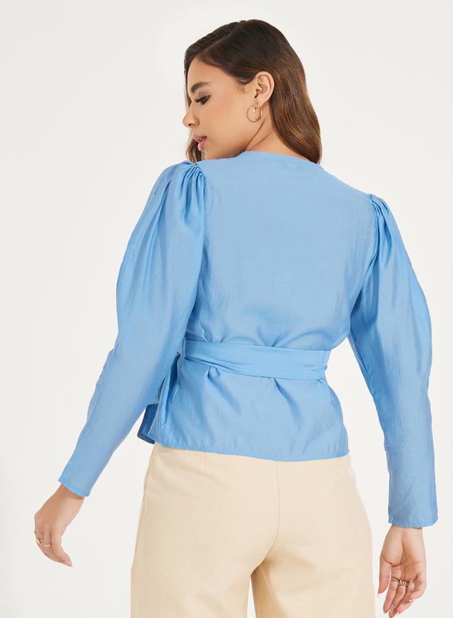 Styli Solid Wrap Top with Long Sleeve & Bow Tie Detail - Image 4