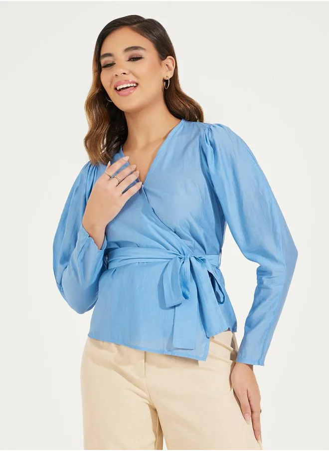 Styli Solid Wrap Top with Long Sleeve & Bow Tie Detail