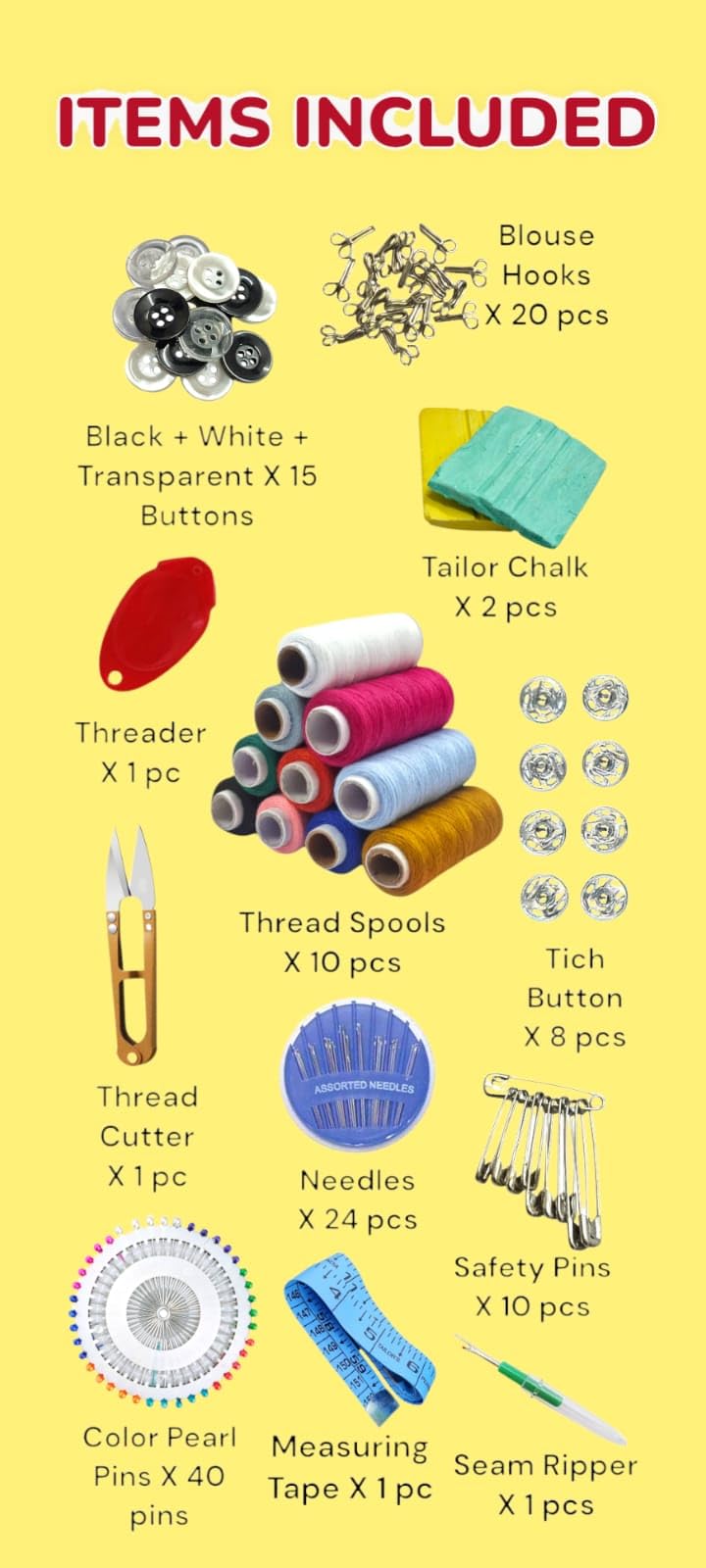 RIANZ Tailoring Travel Sewing Sets Kit Box with 10 Thread Spool, Needles, Measure Tape, Shirt and Pant Buttons, Seam Ripper, Scissor, Pearl Pin etc. with Sewing Kit Box. (Pack of 133 Pcs) - Image 2