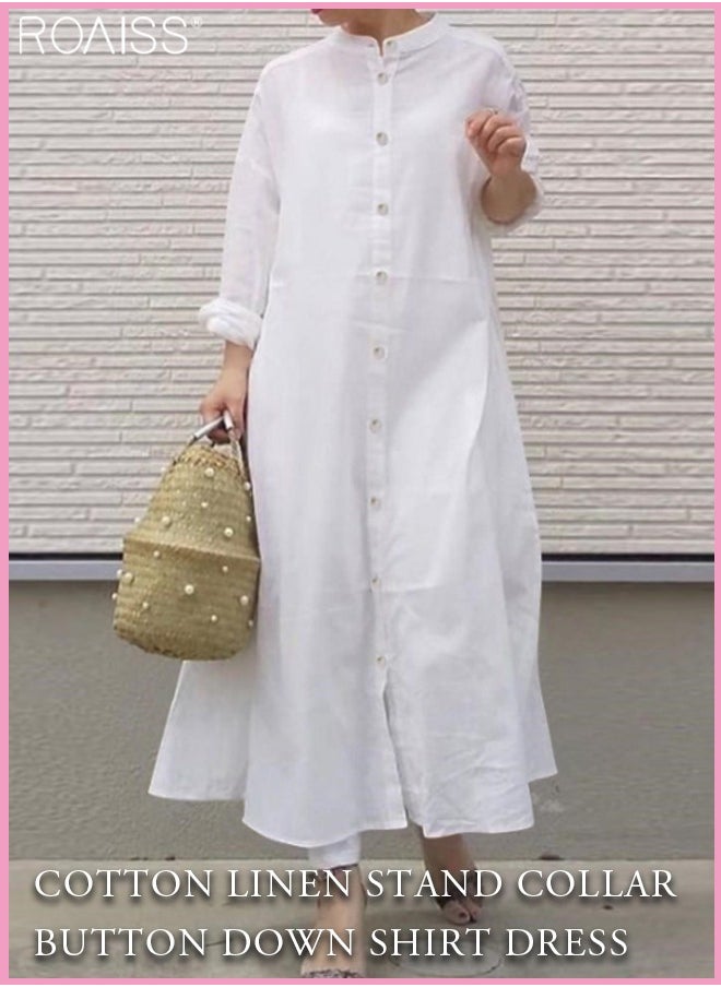roaiss Womens Cotton And Linen Shirt Dress Casual Loose Blouse Dress Solid Color Maxi Dresses Button Open And Close Dress  - Image 1