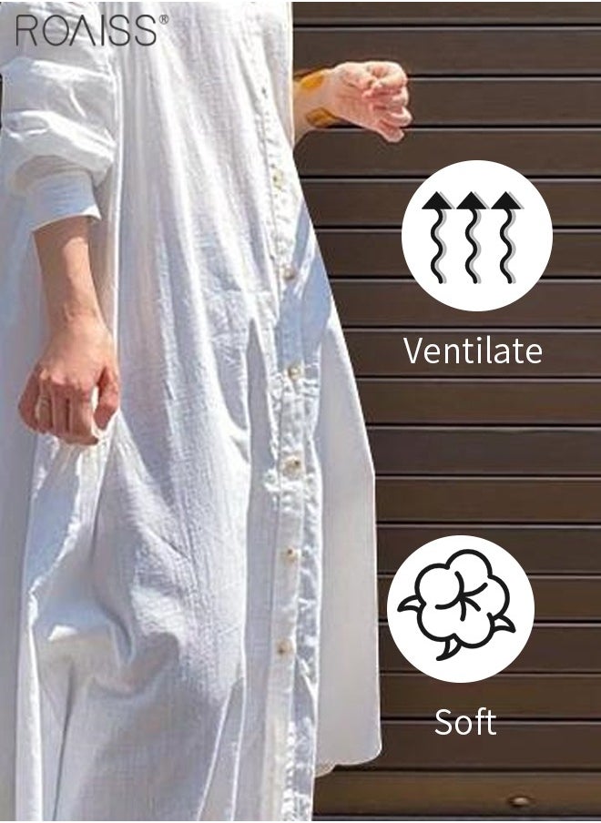 roaiss Womens Cotton And Linen Shirt Dress Casual Loose Blouse Dress Solid Color Maxi Dresses Button Open And Close Dress  - Image 4