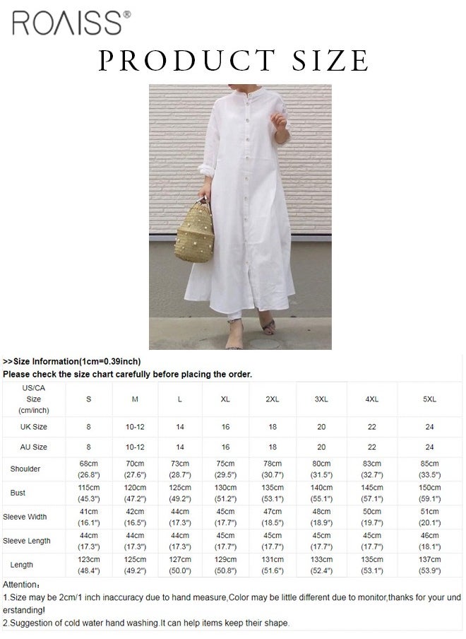 Womens Cotton And Linen Shirt Dress Casual Loose Blouse Dress Solid Color Maxi Dresses Button Open And Close Dress