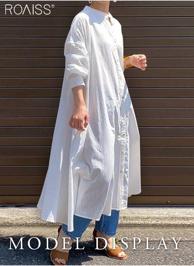 Womens Cotton And Linen Shirt Dress Casual Loose Blouse Dress Solid Color Maxi Dresses Button Open And Close Dress