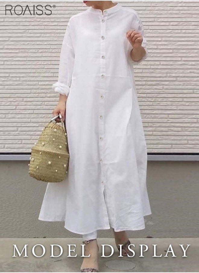 roaiss Womens Cotton And Linen Shirt Dress Casual Loose Blouse Dress Solid Color Maxi Dresses Button Open And Close Dress  - Image 3