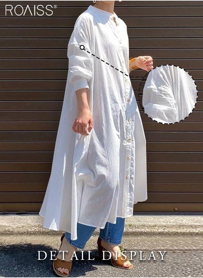 roaiss Womens Cotton And Linen Shirt Dress Casual Loose Blouse Dress Solid Color Maxi Dresses Button Open And Close Dress  - Image 2