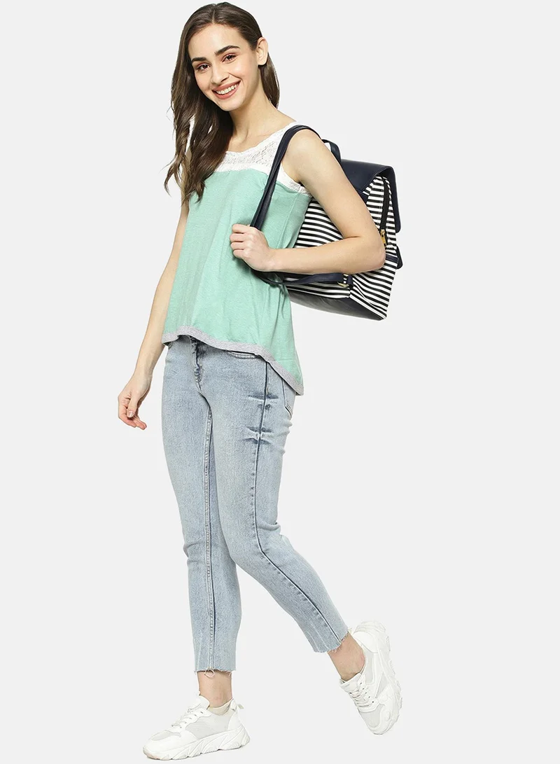 Campus Sutra Women's Mint Green Lace-Block Top