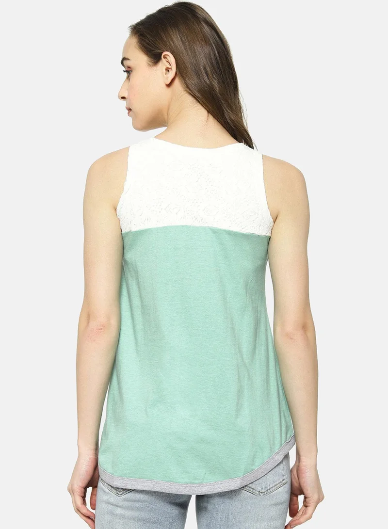 Campus Sutra Women's Mint Green Lace-Block Top