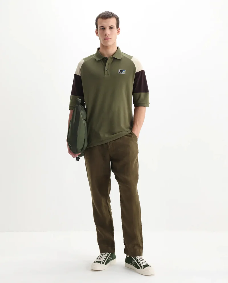Rare Rabbit Rare Rabbit Men Lucid Olive Cotton Lycra Fabric Short Sleeve Collared Neck Button Closure Cut and Sew Polo