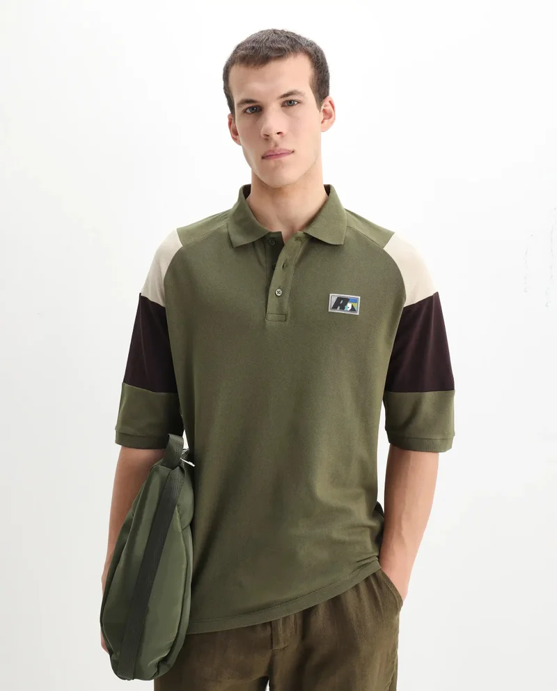 Rare Rabbit Rare Rabbit Men Lucid Olive Cotton Lycra Fabric Short Sleeve Collared Neck Button Closure Cut and Sew Polo
