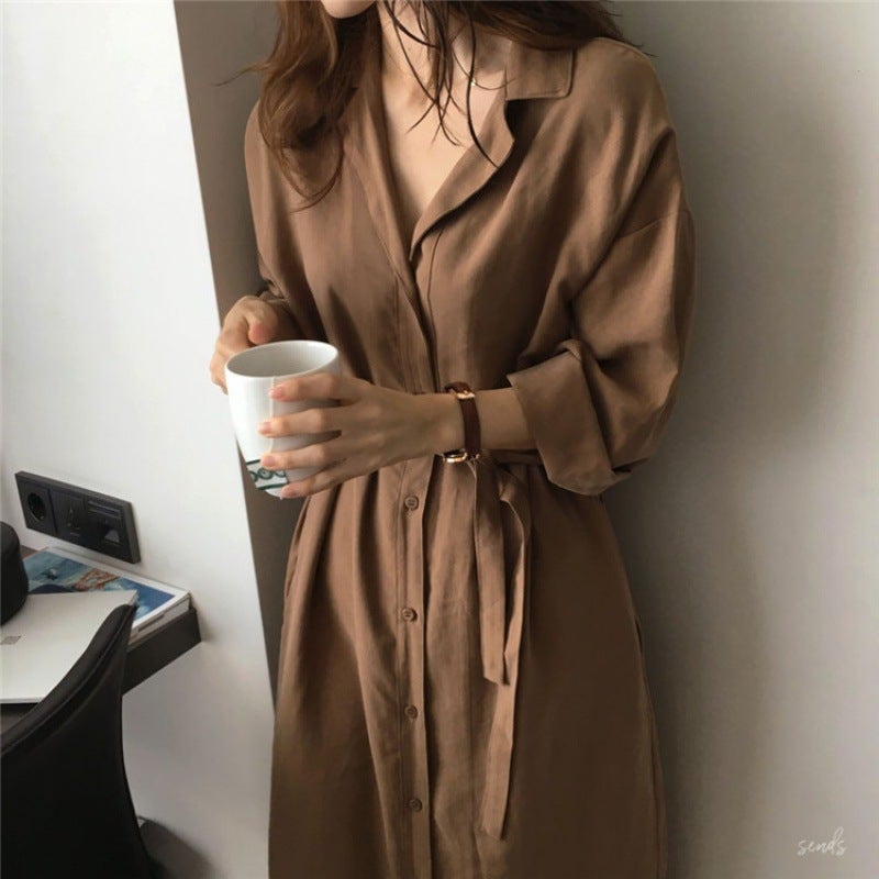 Spring Summer New Style French Dress ShirtDress Elegant Lightweight Womens Clothing Brown Base Shirt Dress For Women Brown  - Image 1