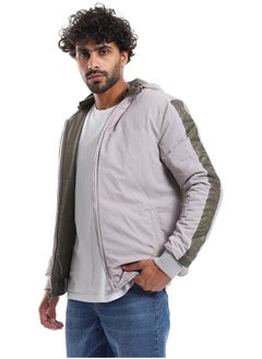 Andora Zipper Closure Double Face Printed & Waterproof Jacket _ Olive Green & Light Grey  - Image 4