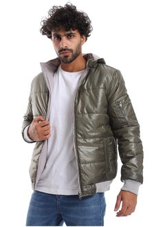 Andora Zipper Closure Double Face Printed & Waterproof Jacket _ Olive Green & Light Grey  - Image 2