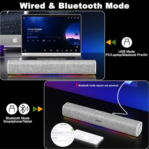 SOULION سماعات الكمبيوتر بلوتوث SOULION R100 مع إضاءة LED ديناميكية، سماعات PC بتوصيل USB وتشغيل فوري مع زر تبديل، بار صوت واضح لأجهزة سطح المكتب واللابتوب والشاشة باللون الأبيض (يشمل محول USB-C إلى USB) - Image 3