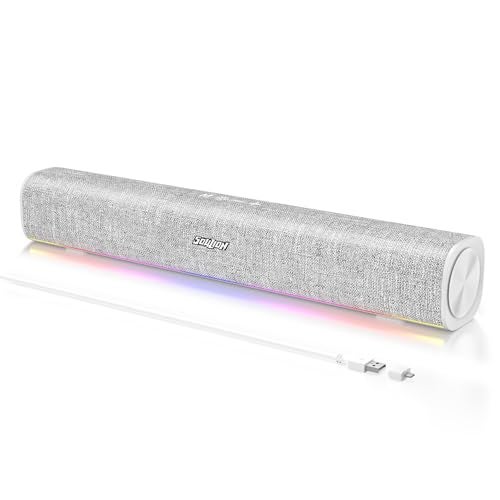 SOULION سماعات الكمبيوتر بلوتوث SOULION R100 مع إضاءة LED ديناميكية، سماعات PC بتوصيل USB وتشغيل فوري مع زر تبديل، بار صوت واضح لأجهزة سطح المكتب واللابتوب والشاشة باللون الأبيض (يشمل محول USB-C إلى USB) - Image 1