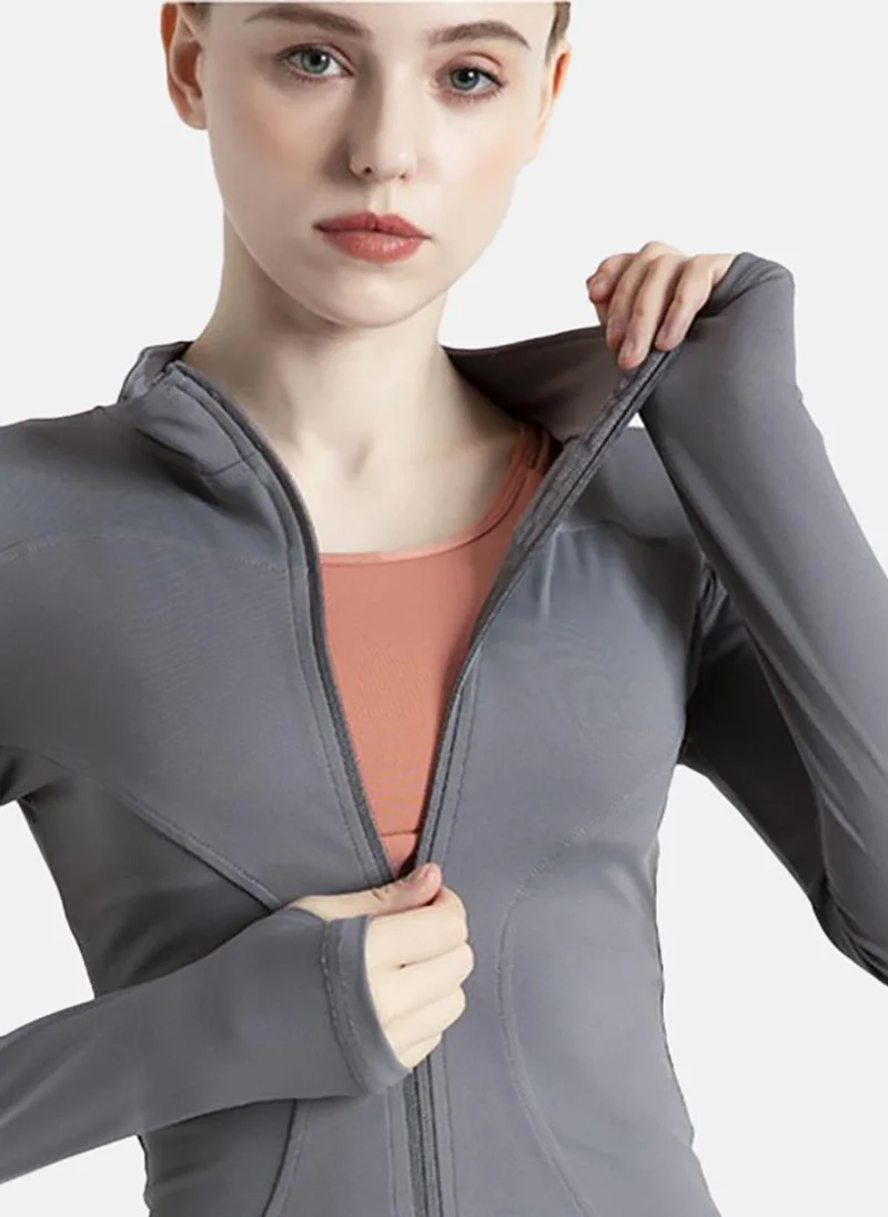 يونيكي Grey Solid Slim Fit High Neck Jacket