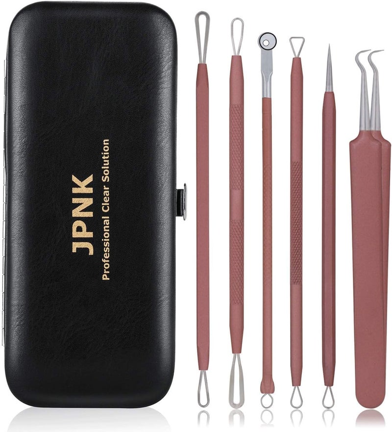 JPNK Blackhead Remover Tool Comedones Extractor Acne Removal Kit for Blemish, Whitehead Popping, 6 Pcs Zit Removing for Nose Face Tools with a Leather Bag (Pink) - Image 1
