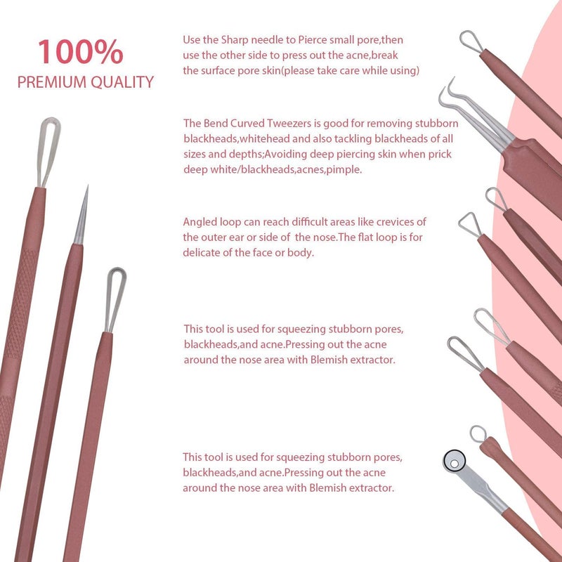 JPNK Blackhead Remover Tool Comedones Extractor Acne Removal Kit for Blemish, Whitehead Popping, 6 Pcs Zit Removing for Nose Face Tools with a Leather Bag (Pink) - Image 4