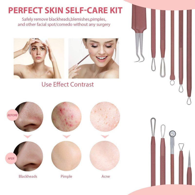 JPNK Blackhead Remover Tool Comedones Extractor Acne Removal Kit for Blemish, Whitehead Popping, 6 Pcs Zit Removing for Nose Face Tools with a Leather Bag (Pink) - Image 2