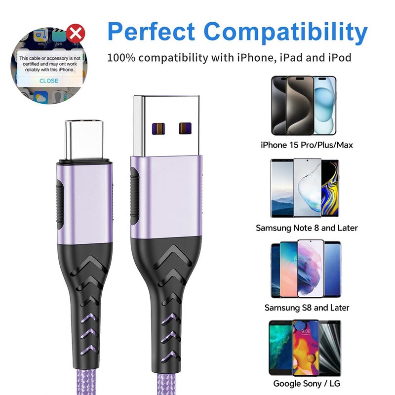 Durcord USB Type C Cable, 2Pack 3ft USB A to USB C Cable 3 Feet USB Type C Cord Cable for Android Phone Pad Laptop, 10 Foot Type C Charger Premium Nylon Braided USB Cable -Light Purple - Image 5