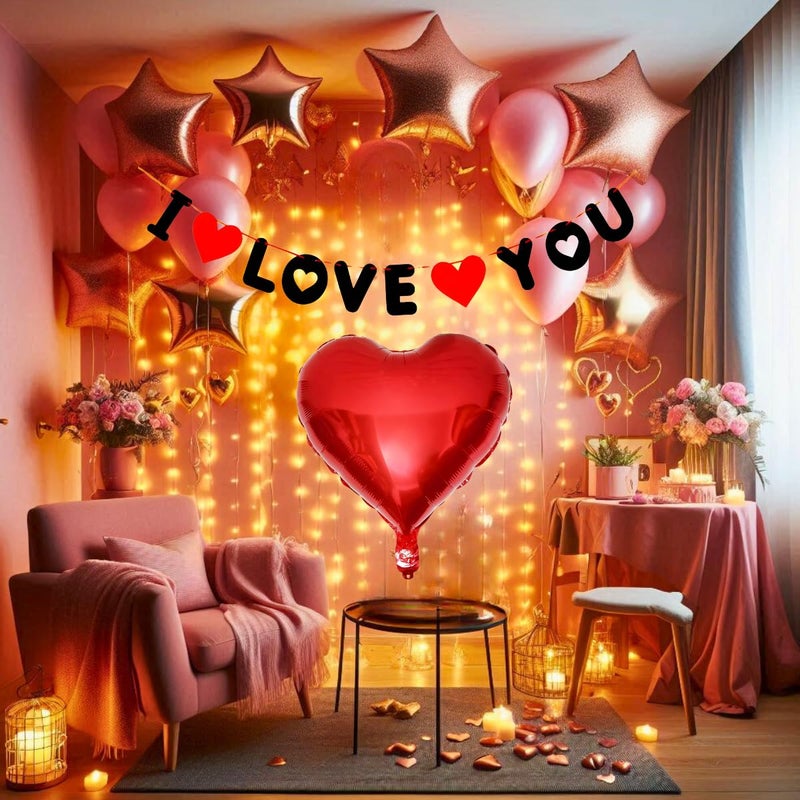 Hemito 17 Pc Valentine Decoration Kit I Love U BannerBalloonsRed Foil Heart Foil Stars Led Light Wedding Anniversary Romantic Decoration Items for Girls Boys Couples Husband Wife