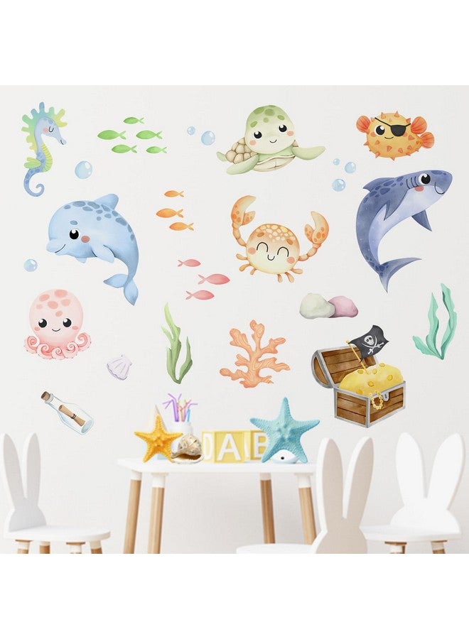 Mfault Under The Sea Ocean Creature Wall Decal Stickers, Coastal Shark Dolphin Octopus Crab Turtle Sea Horse Fish Nursery Decoration Bedroom Art, Marine Animal Treasure Beach Toddler Kids Room Decor - Image 4
