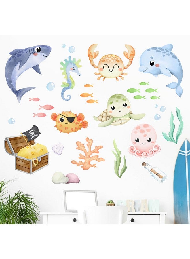 Mfault Under The Sea Ocean Creature Wall Decal Stickers, Coastal Shark Dolphin Octopus Crab Turtle Sea Horse Fish Nursery Decoration Bedroom Art, Marine Animal Treasure Beach Toddler Kids Room Decor - Image 3