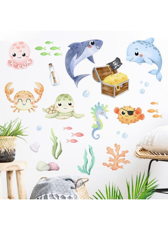 Mfault Under The Sea Ocean Creature Wall Decal Stickers, Coastal Shark Dolphin Octopus Crab Turtle Sea Horse Fish Nursery Decoration Bedroom Art, Marine Animal Treasure Beach Toddler Kids Room Decor - Image 1