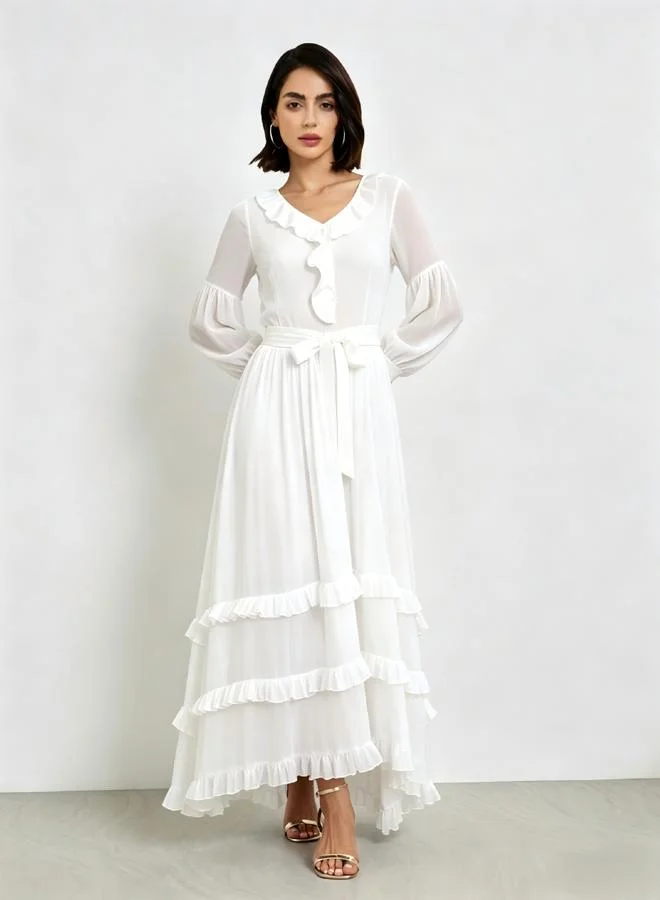 تايك تو White A-Line Midi Dress With Ruffled Long Sleeves