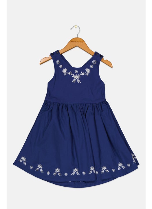Toddlers Girl Round Neck Sleeveless Embroidered Dress, Navy