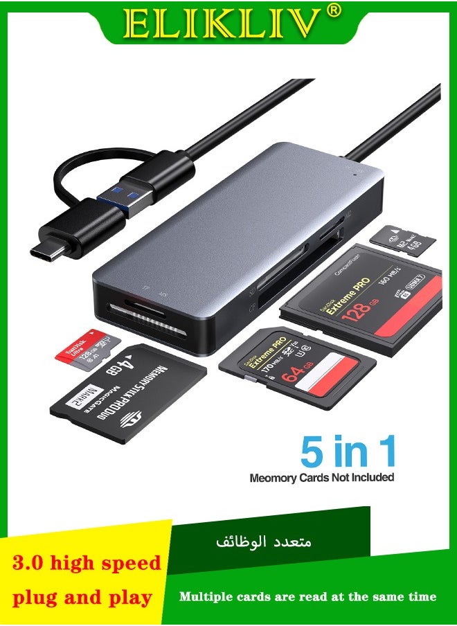 USB+TYPE C SD Card Reader, 5-in-1 Aluminum Thunderbolt 3 Memory Card Reader for CF, SD/SDHC, TF/Micro SD/MS/M2, CompactFlash Card - Gray