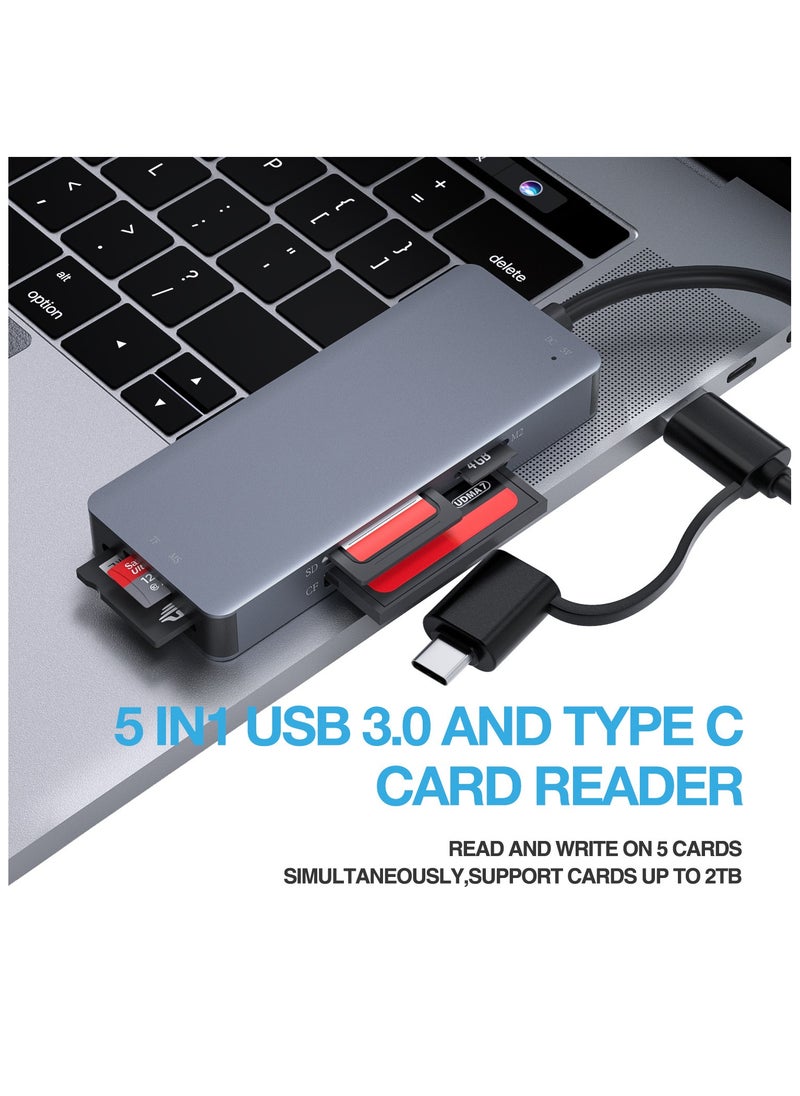 USB+TYPE C SD Card Reader, 5-in-1 Aluminum Thunderbolt 3 Memory Card Reader for CF, SD/SDHC, TF/Micro SD/MS/M2, CompactFlash Card - Gray