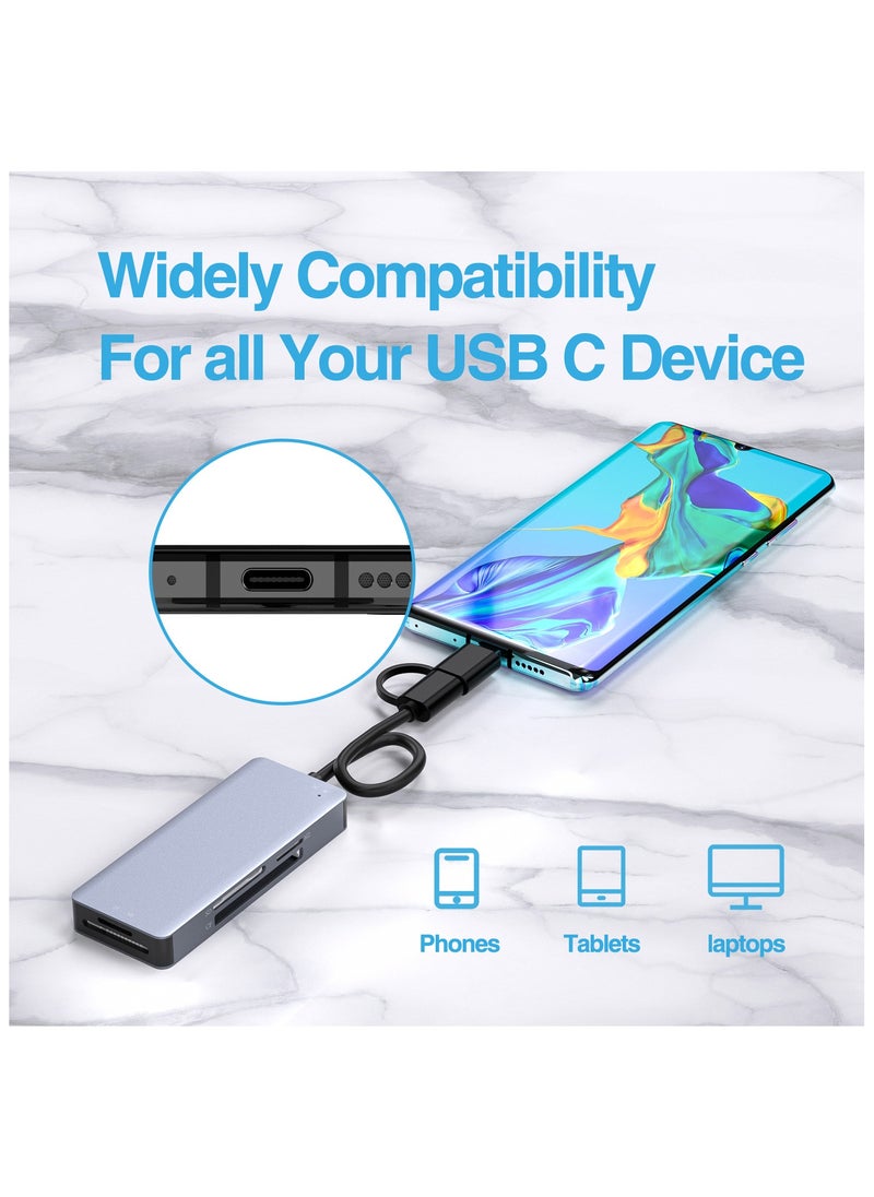 USB+TYPE C SD Card Reader, 5-in-1 Aluminum Thunderbolt 3 Memory Card Reader for CF, SD/SDHC, TF/Micro SD/MS/M2, CompactFlash Card - Gray