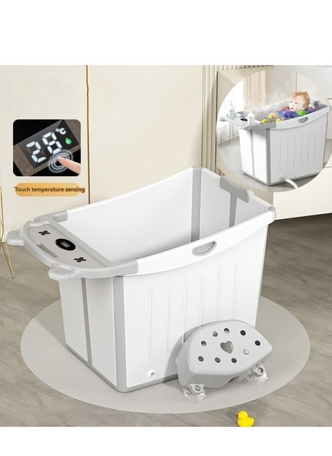 Portable Foldable Bathtub with Temperature Sensor and Stool for Bathing,Swimming, Suitable For Baby Toddler Children Aged 0-15 Years Old,Quick to Open,Easy to storage