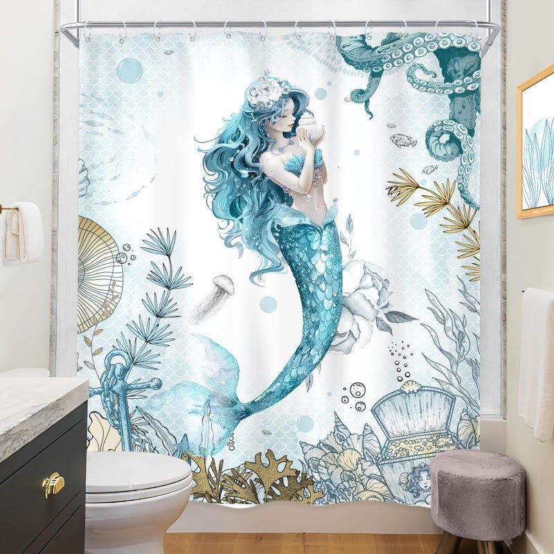 ريديكور Riyidecor حورية البحر دش الستار 60wx72h بوصة الأزرق بحرها البحري الأوبرا البحرية الخنق الساحلي المرجانية تحت الماء الأسماك - Image 4