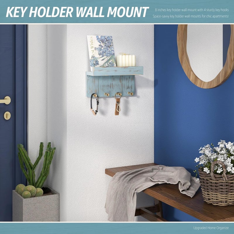 Rebee Vision Small Key Holder Wall Mount for Farmhouse Decor - Key and Mail Holder for Wall with Shelf and 4 Key Hooks - Room Decor Aesthetic (Distressed Blue) - Image 2