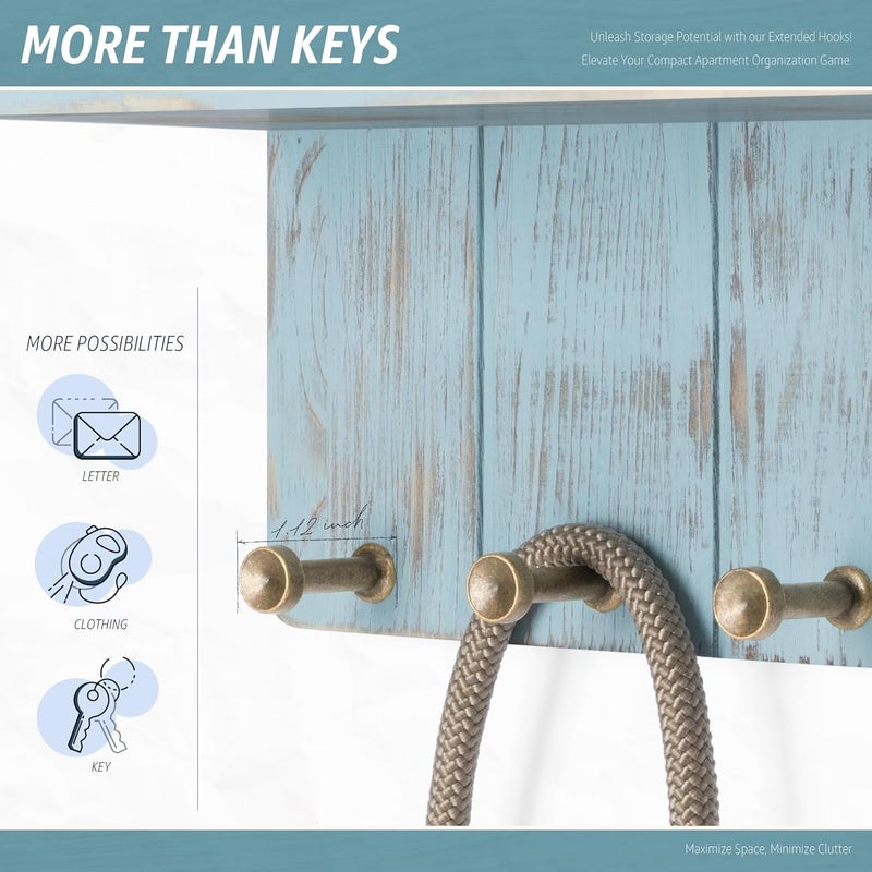 Rebee Vision Small Key Holder Wall Mount for Farmhouse Decor - Key and Mail Holder for Wall with Shelf and 4 Key Hooks - Room Decor Aesthetic (Distressed Blue) - Image 4