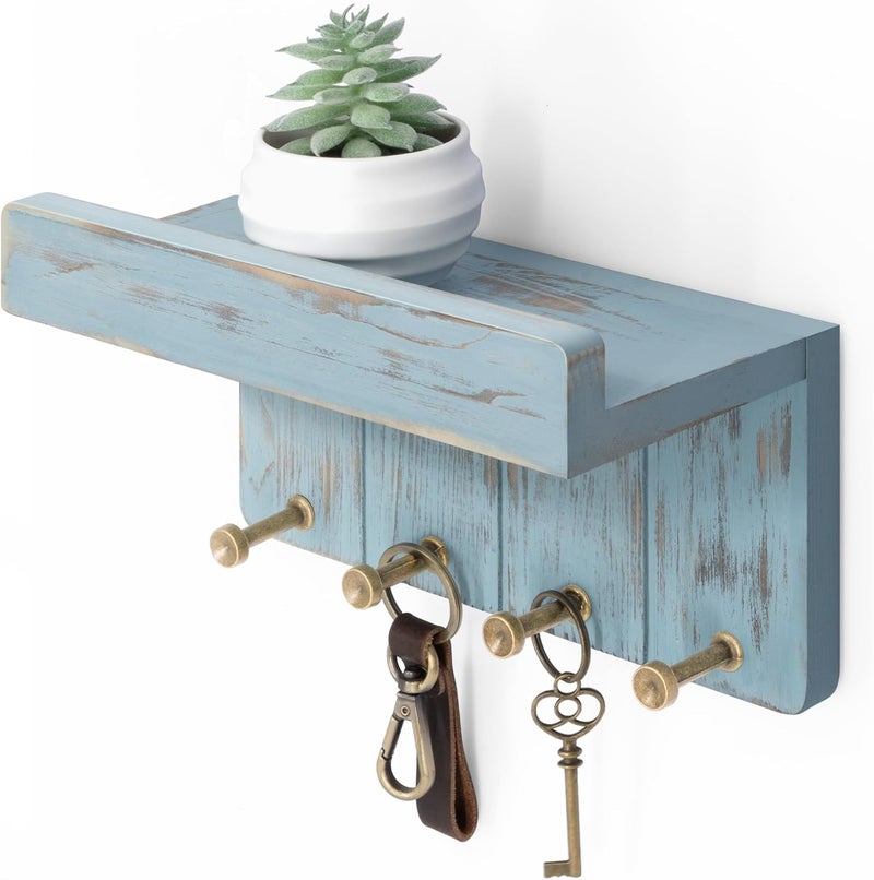 Rebee Vision Small Key Holder Wall Mount for Farmhouse Decor - Key and Mail Holder for Wall with Shelf and 4 Key Hooks - Room Decor Aesthetic (Distressed Blue) - Image 1
