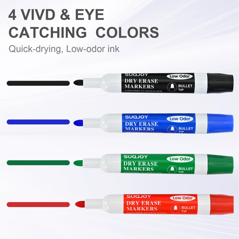 SUQJOY Dry Erase Markers, BulletTip Whiteboard Markers, Low Odor Thick Dry Markers, 36 Bulk 4 Assorted Color Marker for Whiteboard, Classroom, Office & Home(36 Count 4 Colors) - Image 2
