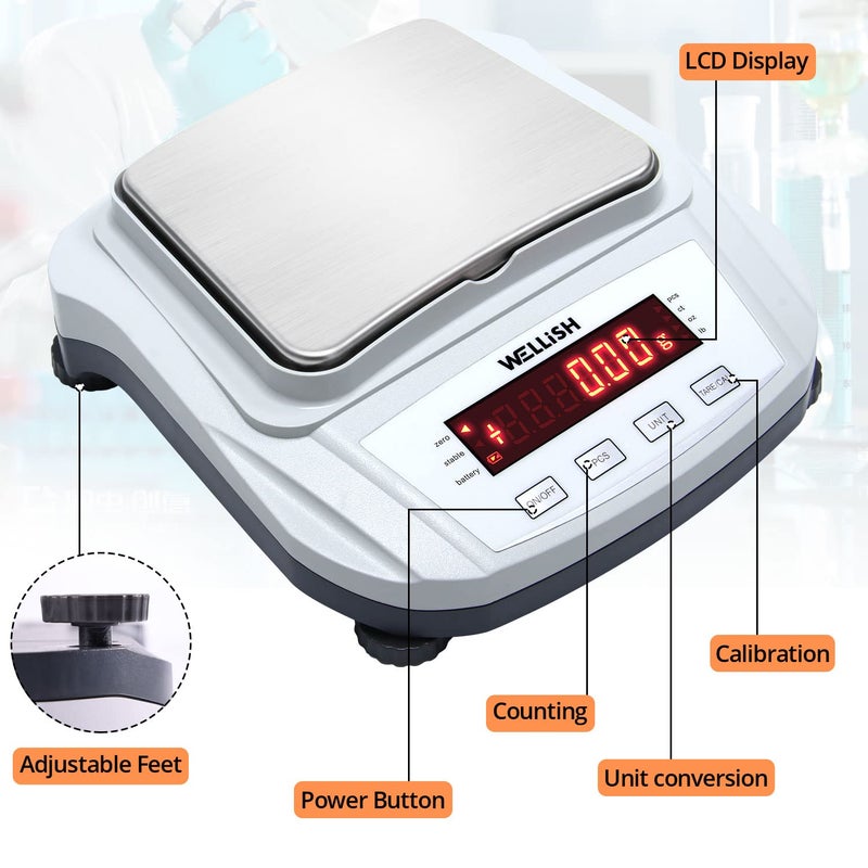 WELLiSH Lab Scale 2000g/0.01g High Precision Digital Scale Analytical Balance Electronic Scale for Kitchen Lab Weighing - Image 3