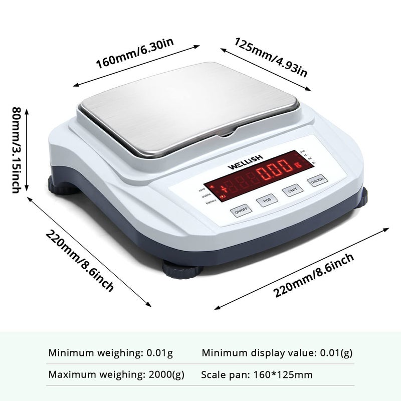 WELLiSH Lab Scale 2000g/0.01g High Precision Digital Scale Analytical Balance Electronic Scale for Kitchen Lab Weighing - Image 2