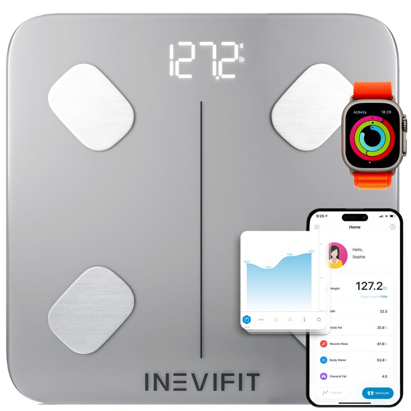 INEVIFIT Smart Body Fat Scale Highly Accurate Bluetooth Digital Bathroom Body Composition Analyzer Measures Weight Body Fat Water Muscle Visceral Fat Bone Mass for Unlimited Users EcoSIL