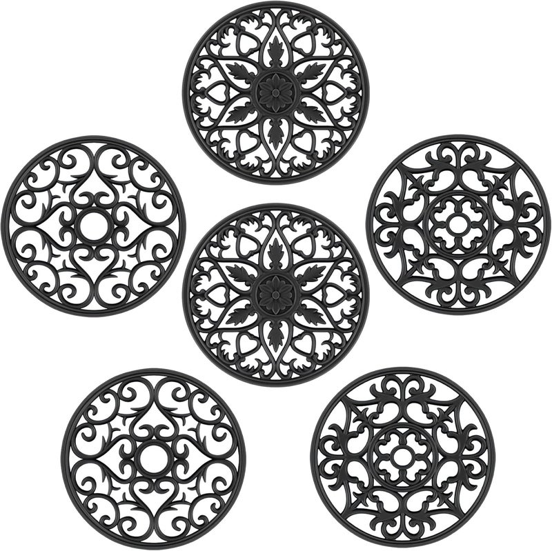 SMARTAKE 6 Set Silicone Trivet Mats, Multi-Use Intricately Carved Coasters, Insulated Non-Slip Durable Kitchen Mats, Flexible Modern Kitchen Table Mat, for Hot Dishes, Pots, Countertop (Black) - Image 1