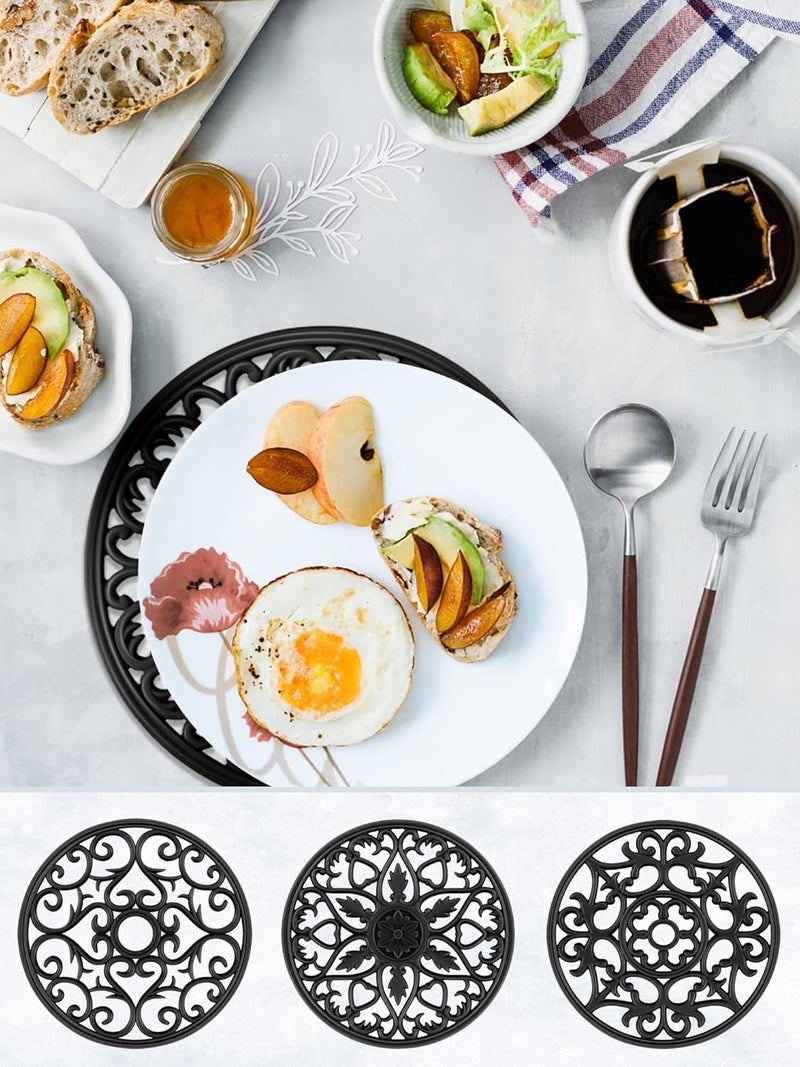 SMARTAKE 6 Set Silicone Trivet Mats, Multi-Use Intricately Carved Coasters, Insulated Non-Slip Durable Kitchen Mats, Flexible Modern Kitchen Table Mat, for Hot Dishes, Pots, Countertop (Black) - Image 3