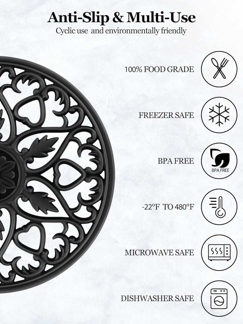 SMARTAKE 6 Set Silicone Trivet Mats, Multi-Use Intricately Carved Coasters, Insulated Non-Slip Durable Kitchen Mats, Flexible Modern Kitchen Table Mat, for Hot Dishes, Pots, Countertop (Black) - Image 2