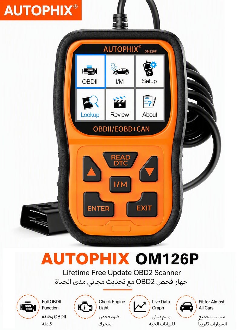 أوتوفيكس AUTOPHIX OM126P OBD2 الماسح الضوئي ، تحقق من قارئ رمز ضوء المحرك أداة المسح الضوئي التشخيصي لمركبات OBD2 EOBD JOBD I / M جاهزية المحرك تحليل السيارات ﻿ الماسح الضوئي للسيارات - Image 1